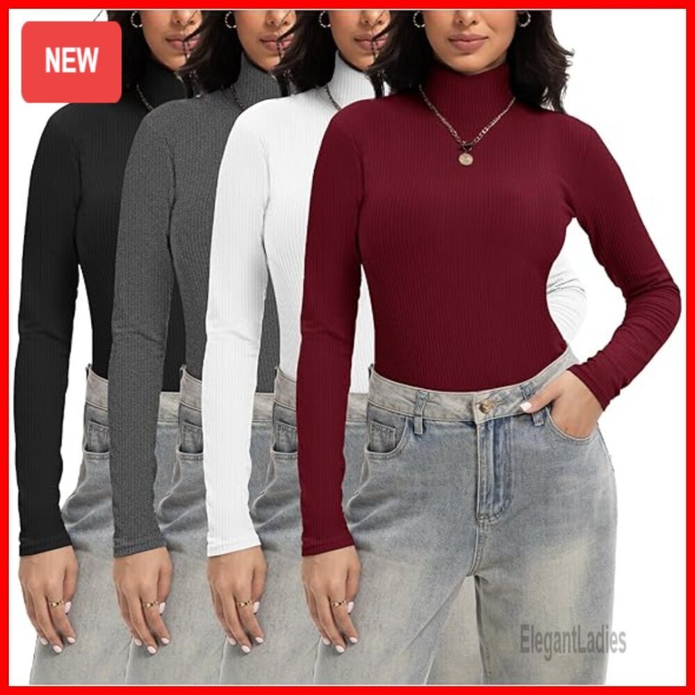 Ribbed Turtleneck Long Sleeve Sweater Slim Fit Stretch Winter Top